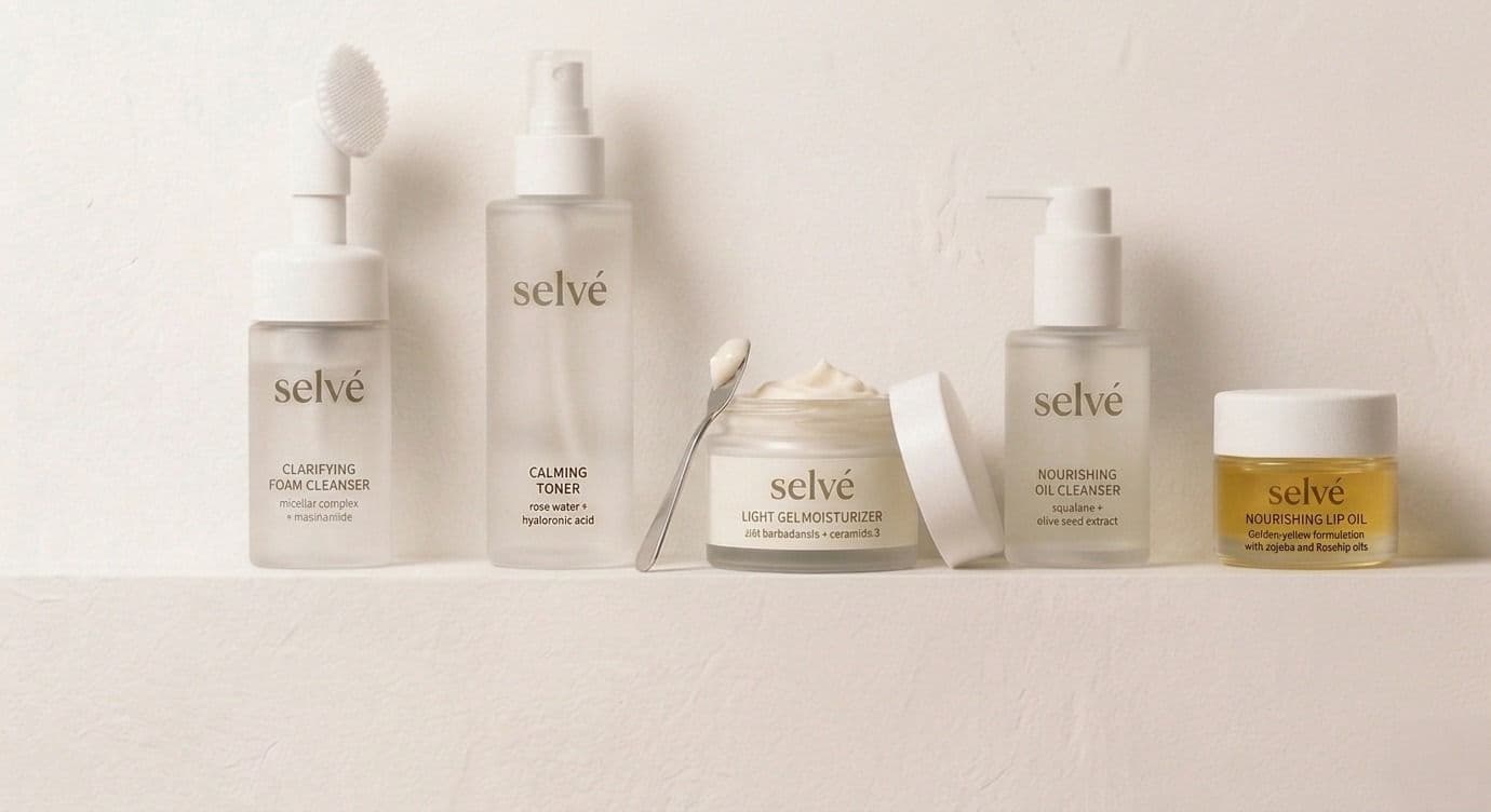 The five selvé formulations on a cream shelf