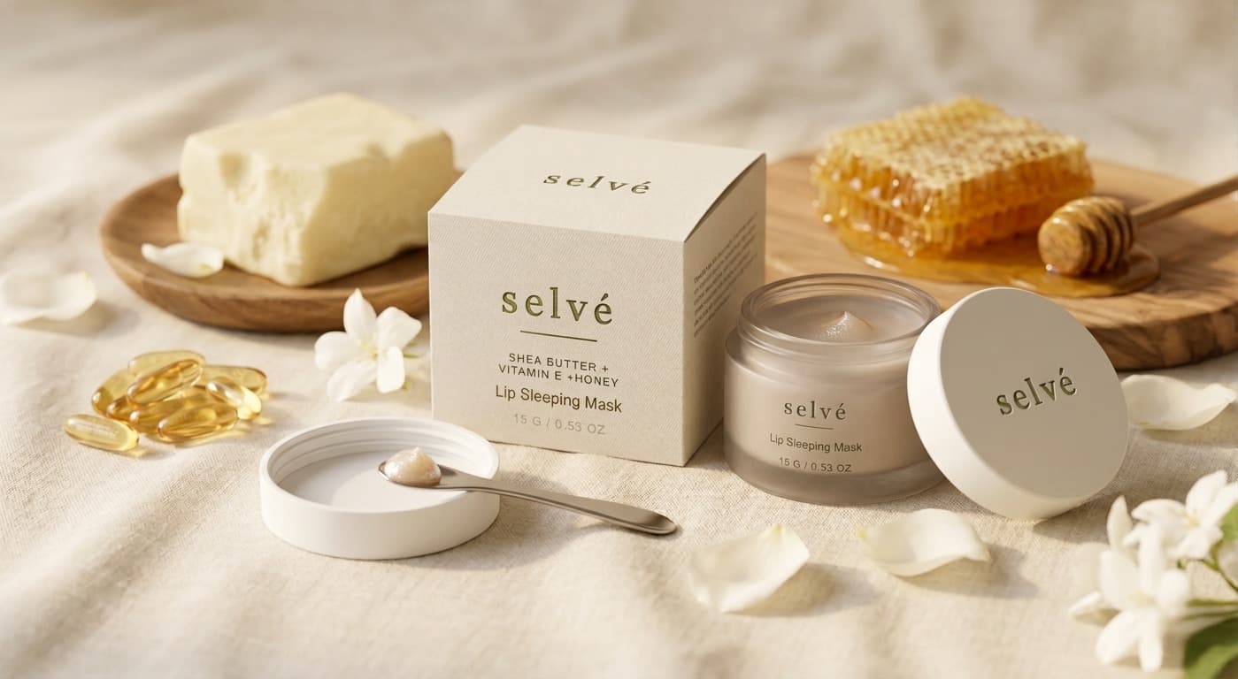 Lip Sleeping Mask alongside shea butter, honeycomb and jasmine